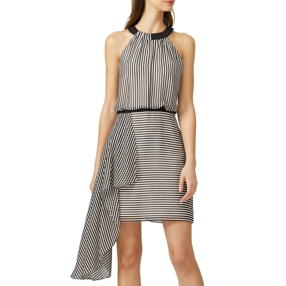Halston Heritage Draped Stripe Dress Black White MEDIUM Career Designer $298